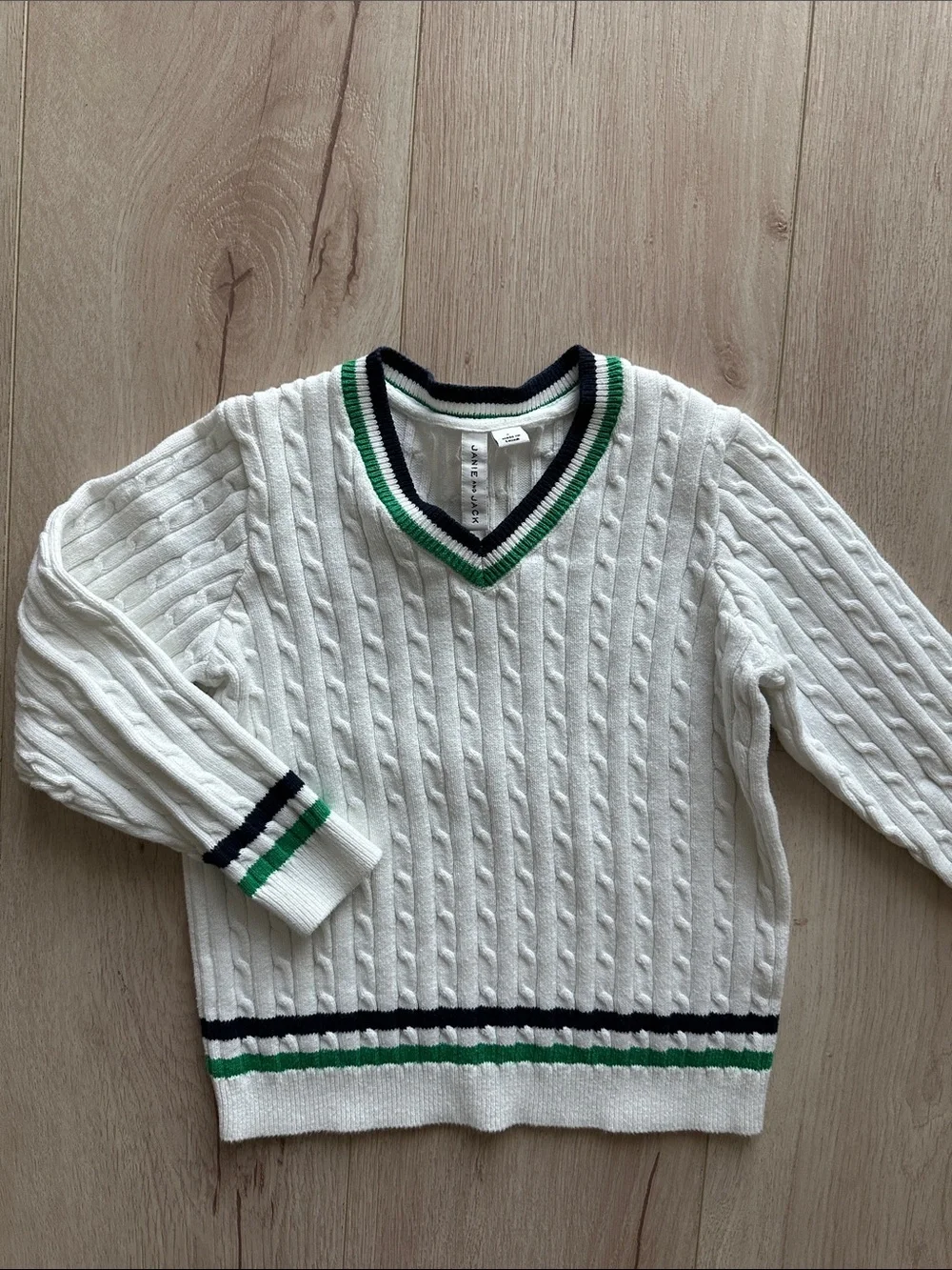 Janie and Jack White Cable-Knit V-Neck Sweater with Green and Navy Trim
